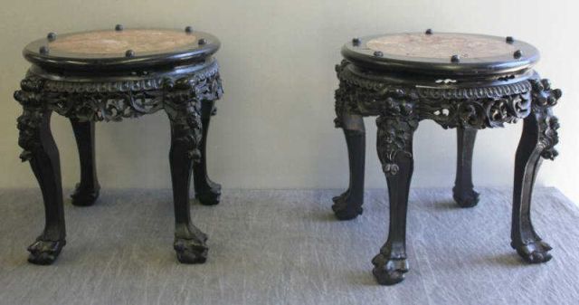 Pair of Carved Wood Chinese Marbletop 15ebbc