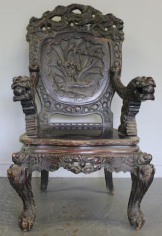 Antique Asian Heavily Carved Armchair