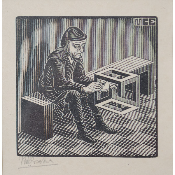 Man with Cuboid Woodcut by M.C. Escher