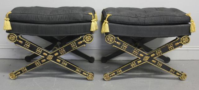 Pair of Gilt & Lacquered X-form Benches.With