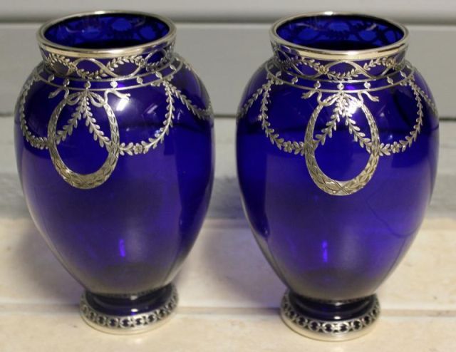 Pair of Silver Overlay Blue Glass 15eeb1