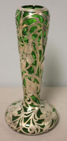 STERLING Overlay Green Glass Vase Marked 15eecb