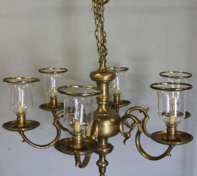 6 Arm Brass Chandelier.From a Stamford