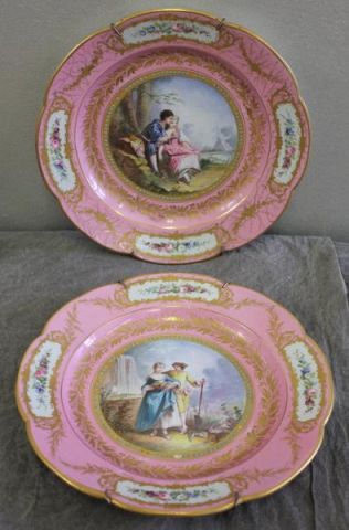 Pair of Pink Ground Porcelain Plates.Decorated
