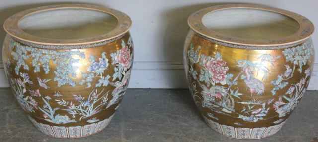 Pair of Large Signed Asian Planters.Adorned