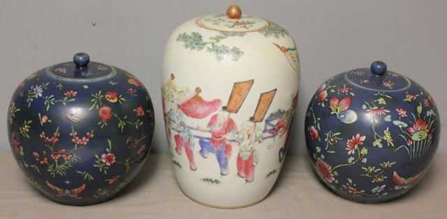 3 Asian Porcelain Covered Jars.From