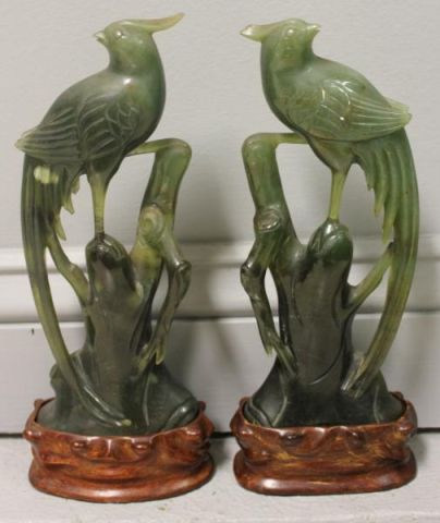 Pair of Jade Birds on Wooden Stands.From