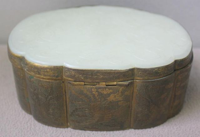 Large Chinese Brass Box with Jade