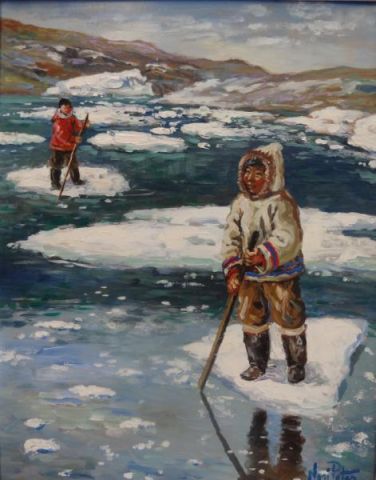 PETER Nori Oil on Canvas of Eskimos Signed 15f6fc
