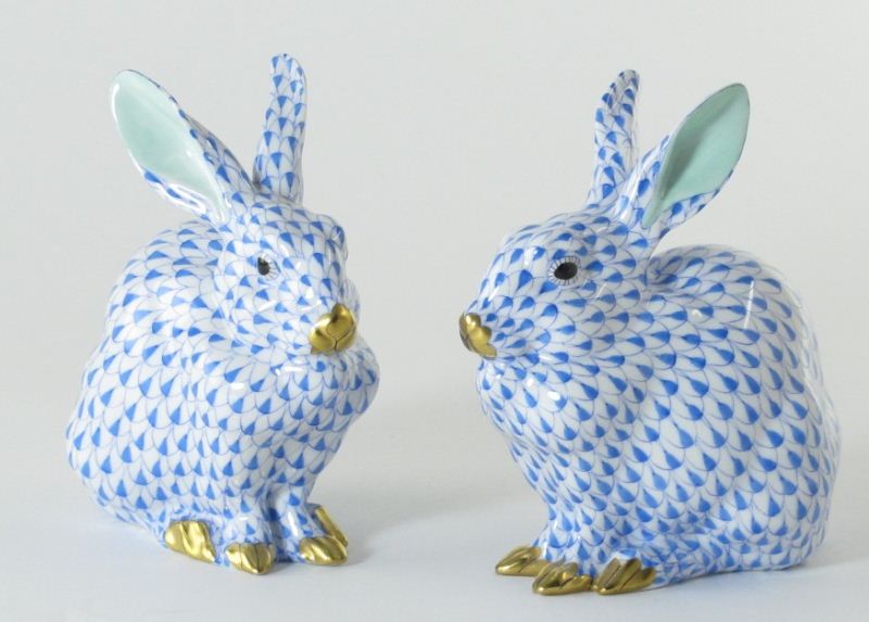Pair of Resting Herend Rabbitshand painted