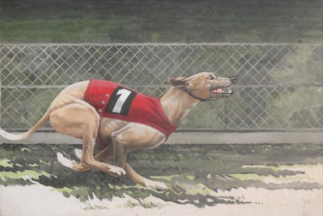 JON. Watercolor of a Greyhound.Signed