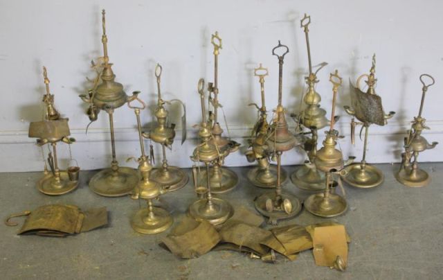 12 Antique Brass Oil Lamps.From