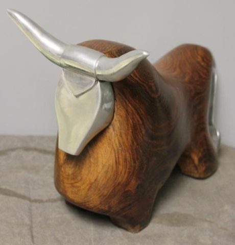 Burled Wood and Metal Bull Sculpture From 15dace