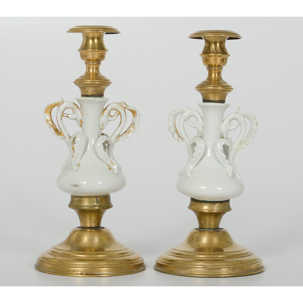 Pair of Brass and Porcelain Candlesticks