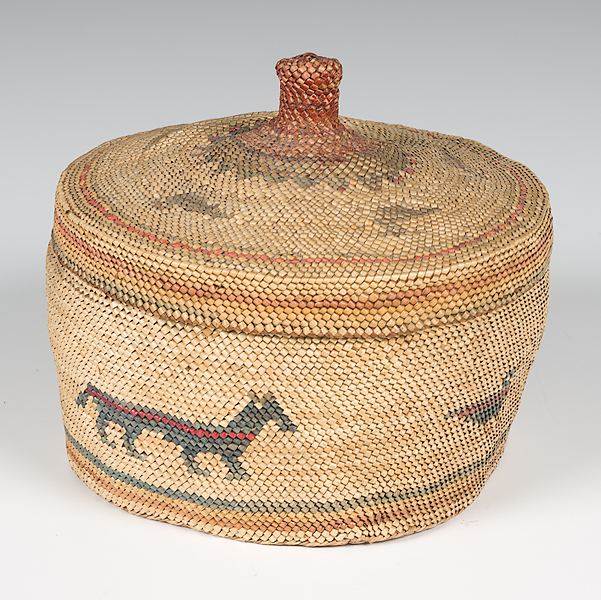 Large Makah Lidded Basket decorated