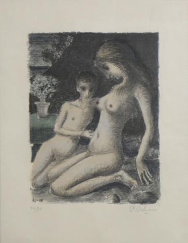 DELVAUX Paul Lithograph of 2 Nudes Pencil 15dfd1