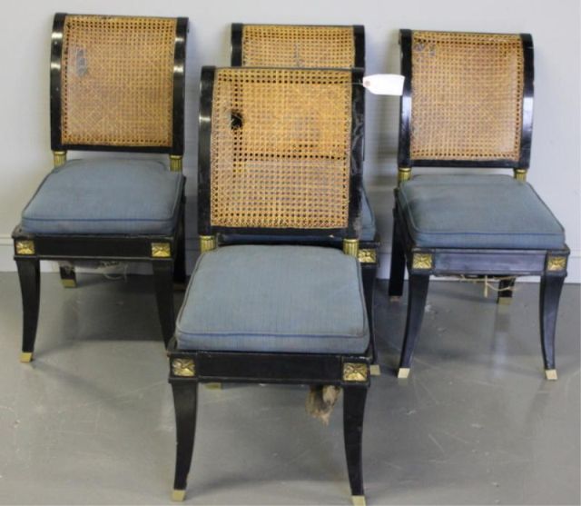 Regency Style Black Lacquer Caned Chairs.With