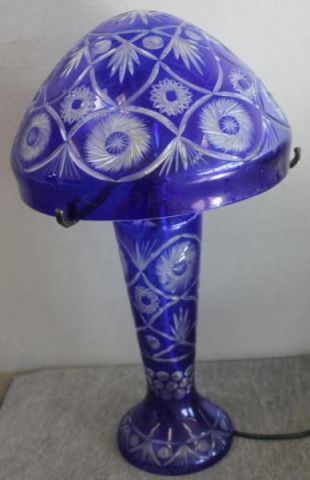 Cobalt Cut to Clear Glass Mushroom Lamp.From
