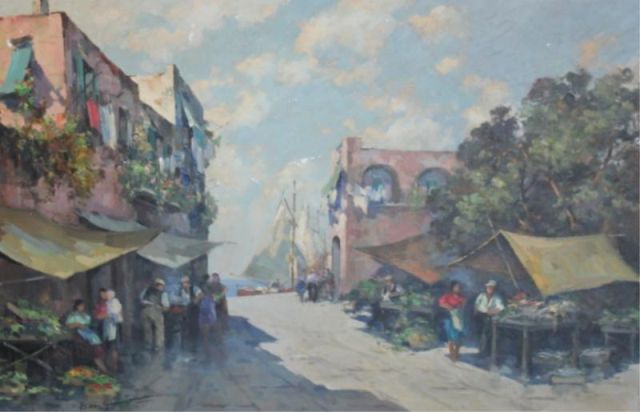 Oil on Canvas Coastal Market Scene Signed 15e11d