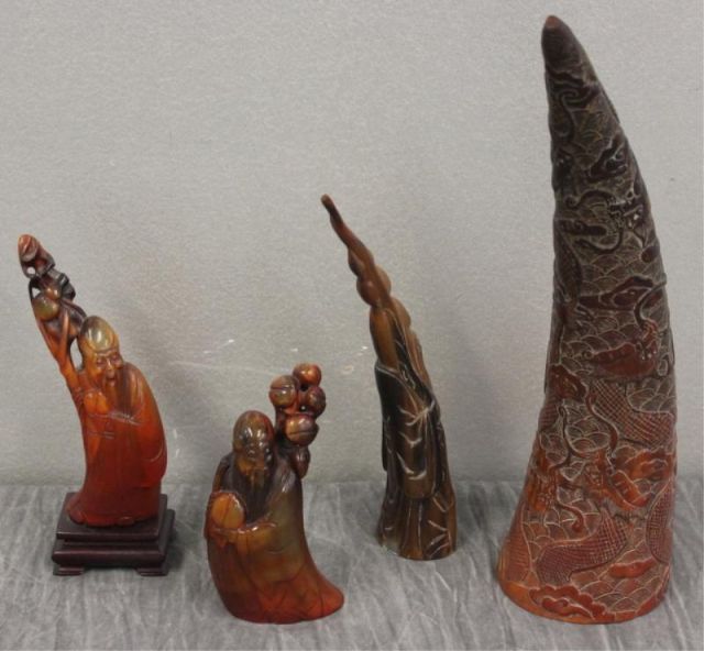 Four Asian Carved Horn Items Beautifully 15e127