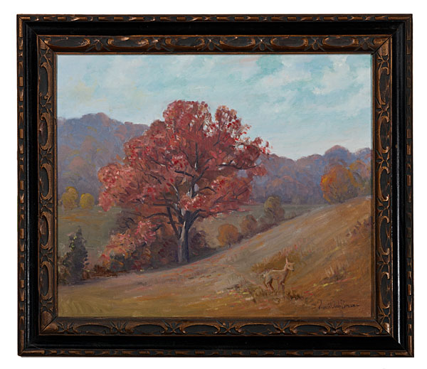Autumn Landscape with Oak Tree and Deer