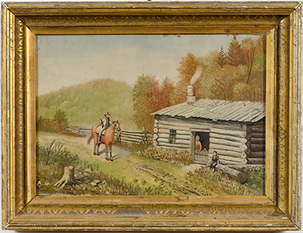 Folk Art Log Cabin Scene Oil on