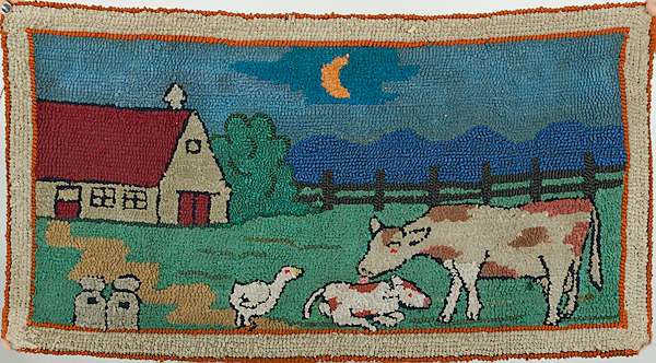 Folk Art Hooked Rug of Farm Scene 161013