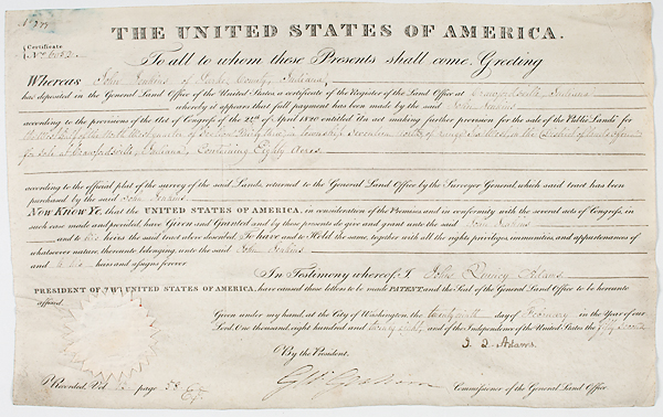 John Quincy Adams Signed Land Grant