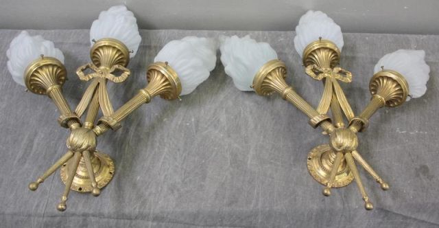 Pair of 3 Arm Gilt Metal Sconces Possibly 16151c
