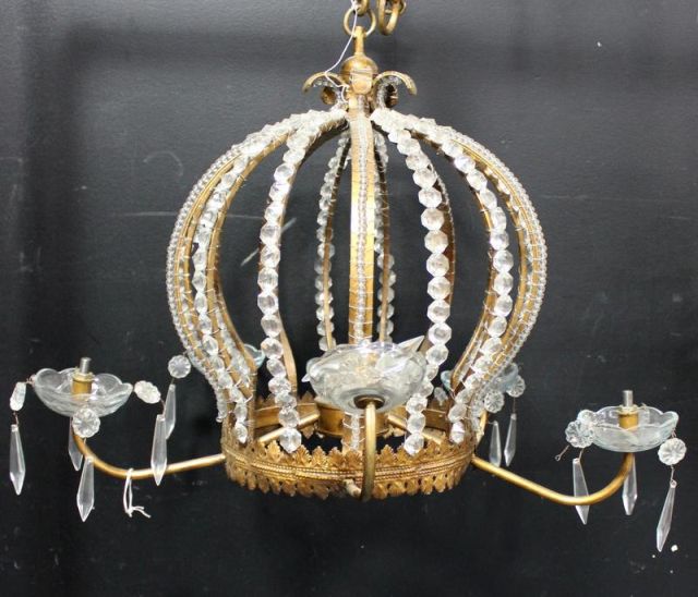 Gilt Metal and Beaded Crown Form Chandelier.From