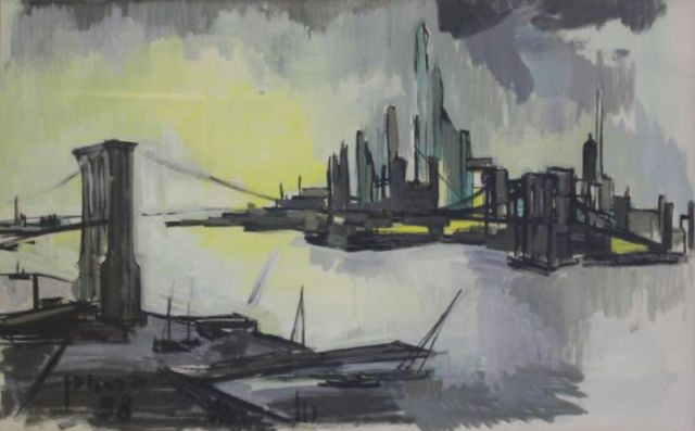 Signed 1958 Watercolor Cityscape Signed 16162a