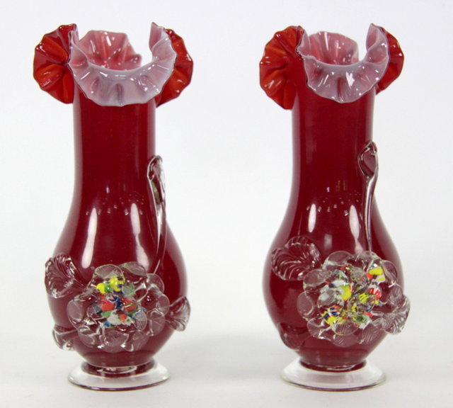 A pair of modern glass frill vases with