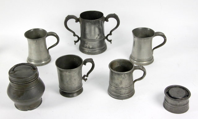 Five 19th Century pewter mugs an inkwell