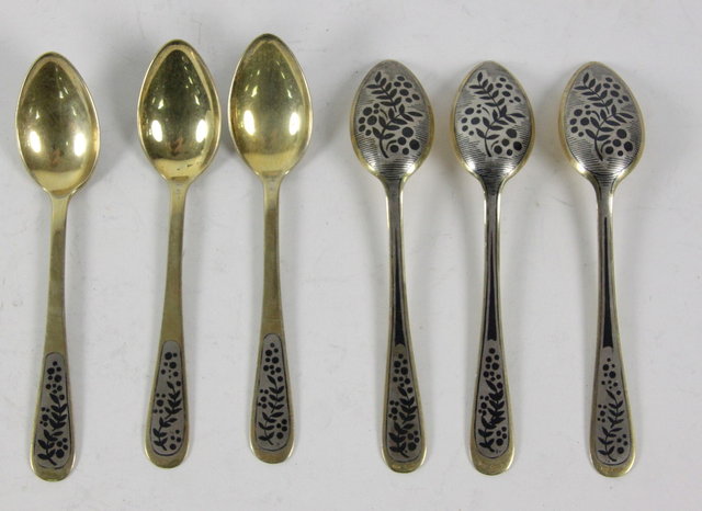 Six silver gilt niello decorated spoons