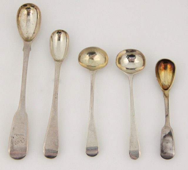 Three silver salt spoons and two