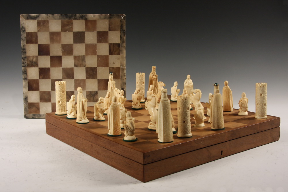 EARLY CARVED IVORY CHESS SET W 161817