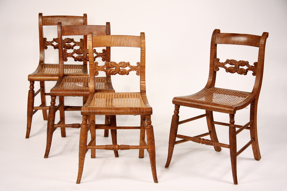 SET OF 4 TIGER MAPLE CANED DINING 16183c