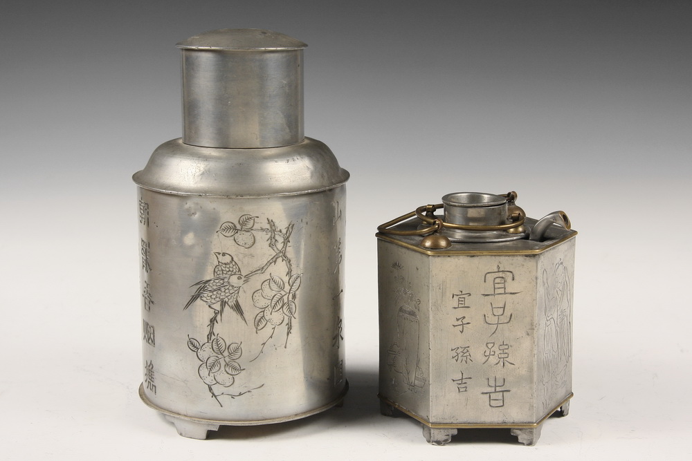  2 CHINESE PEWTER TEA CANISTERS 161939