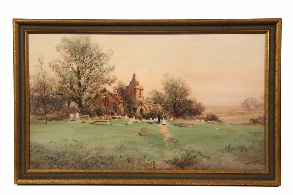 GOUACHE - Old English Church signed