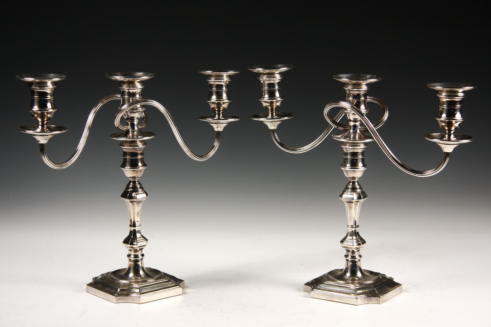 PAIR OF ENGLISH SILVER PLATED THREE LIGHT 161ac6