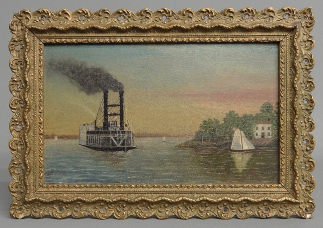 19th c. oil on artist board Paddlewheeler
