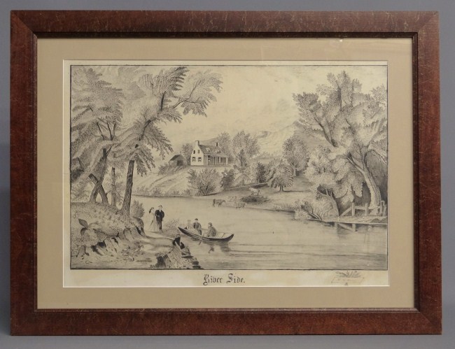 19th c. folk art watercolor ''River