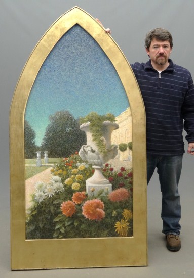 Decorative arched top painting in gilt