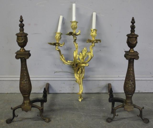 Pair of Bronze Andirons with Flame Finials