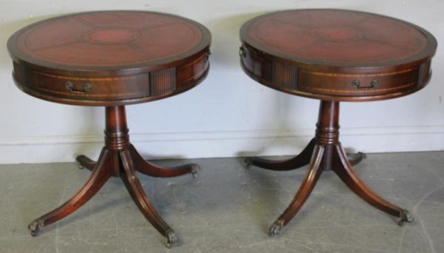 Pair of Mahogany Leathertop Drum Tables.From