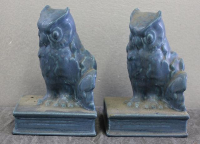 A Pair of Matte Blue Rookwood Owl Bookends.From