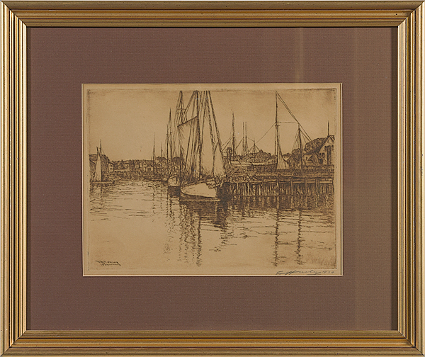 Harbor Scene by E.T. Hurley Etching