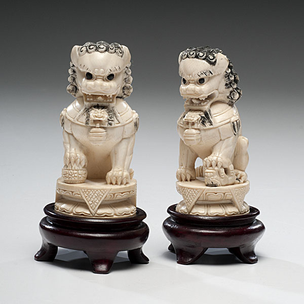 Chinese Caved Ivory Foo Dogs Chinese  15ffee