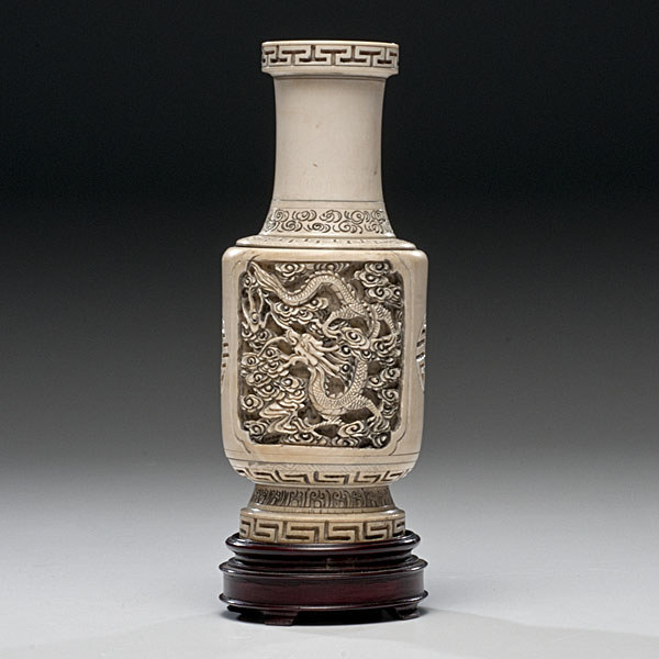 Chinese Carved Ivory Vase with Dragons