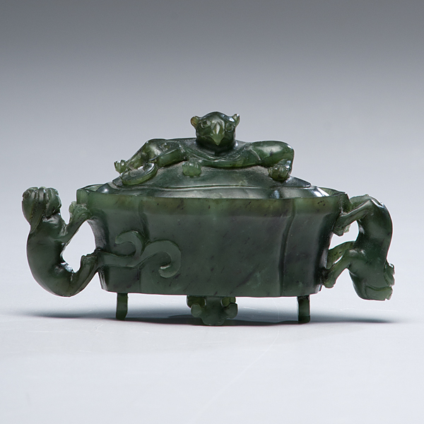 Chinese Carved Spinach Jade Lidded